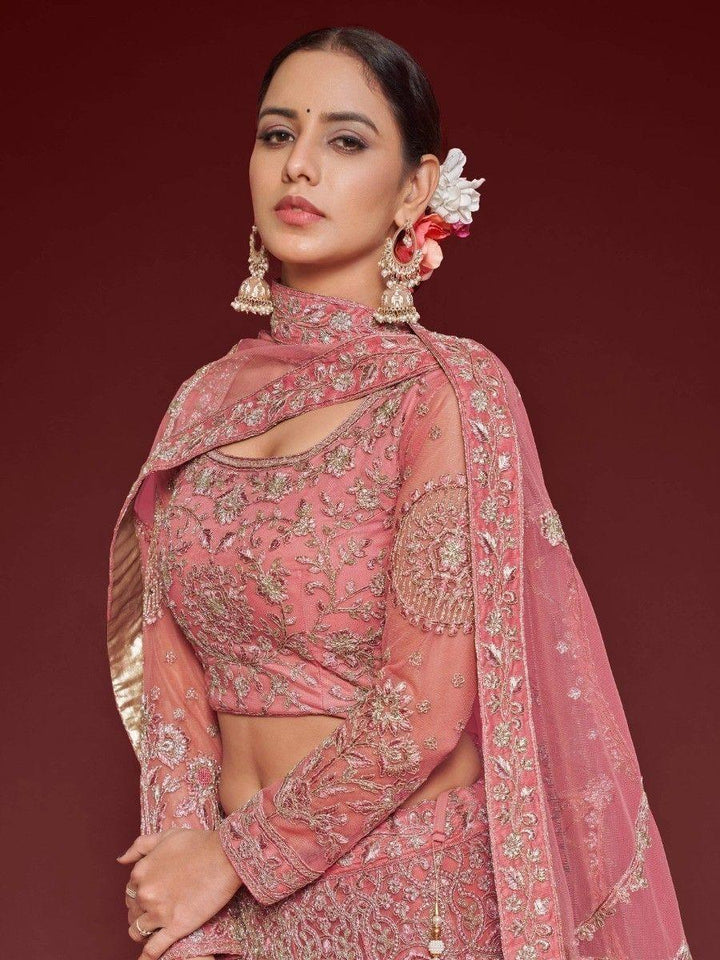 Rose Pink Embroidered Soft Net Traditional Lehenga Choli