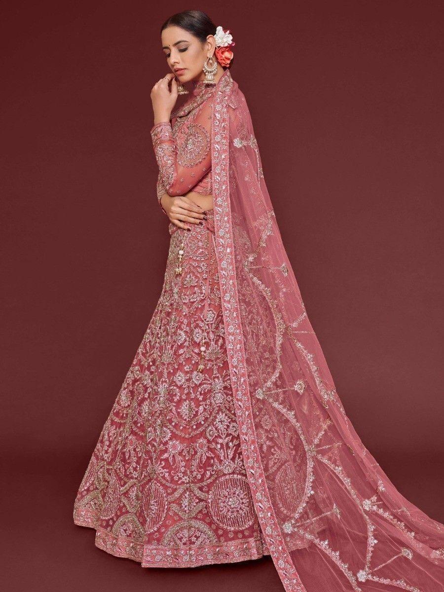 Rose Pink Embroidered Soft Net Traditional Lehenga Choli
