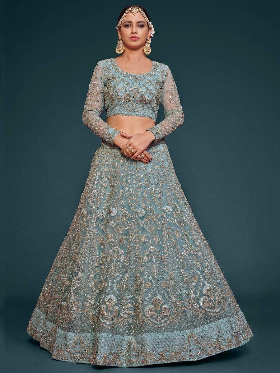 Aqua Blue Embroidered Soft Net Lehenga Choli With Dupatta