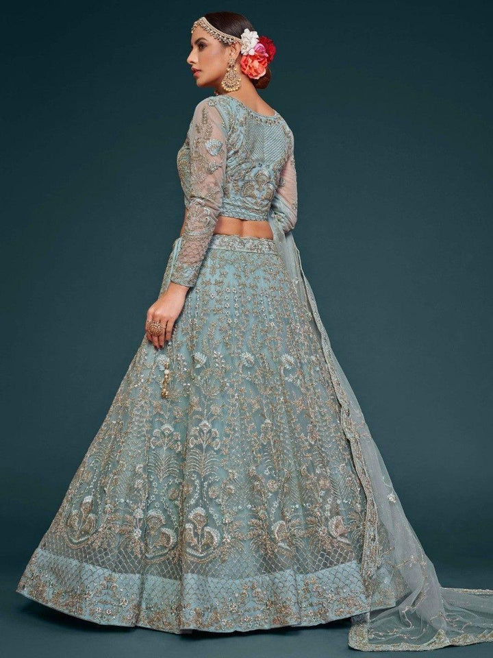 Aqua Blue Embroidered Soft Net Lehenga Choli With Dupatta