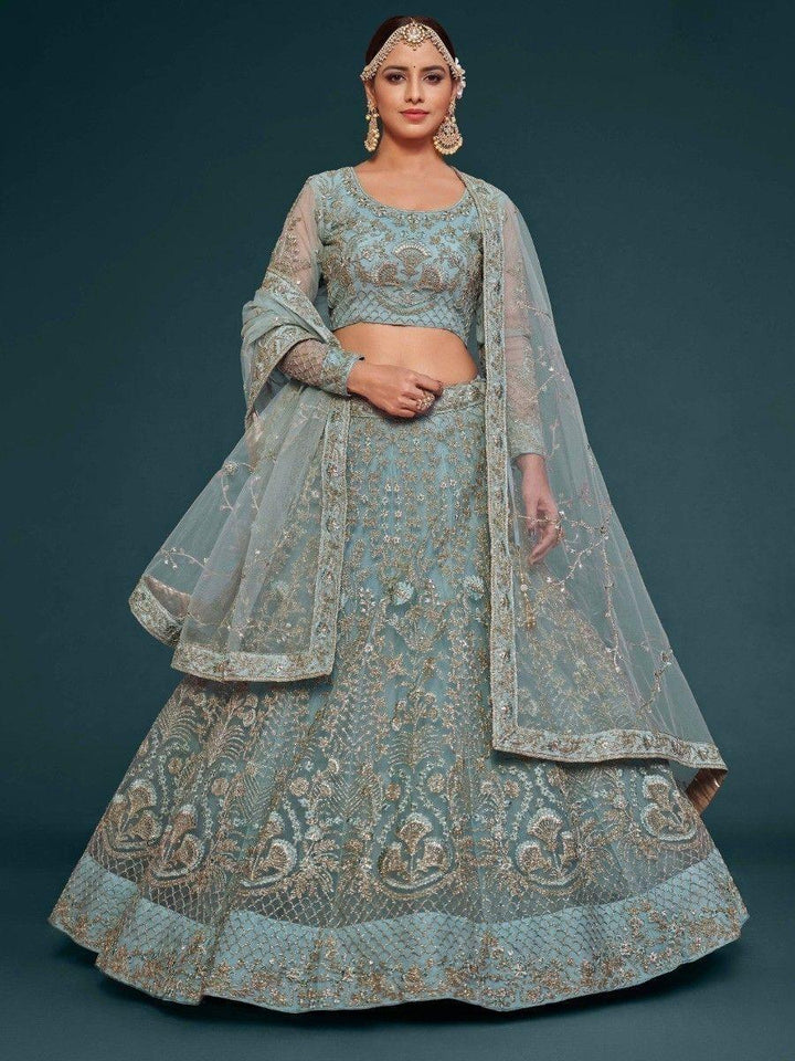 Fetching Aqua Blue Embroidered Soft Net Lehenga Choli With Dupatta