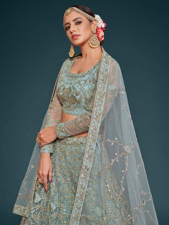 Fetching Aqua Blue Embroidered Soft Net Lehenga Choli With Dupatta