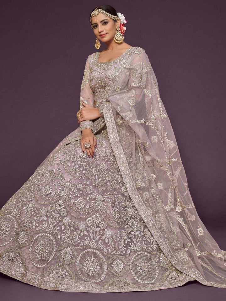 Precious Lilac Embroidered Soft Net Lehenga Choli With Dupatta