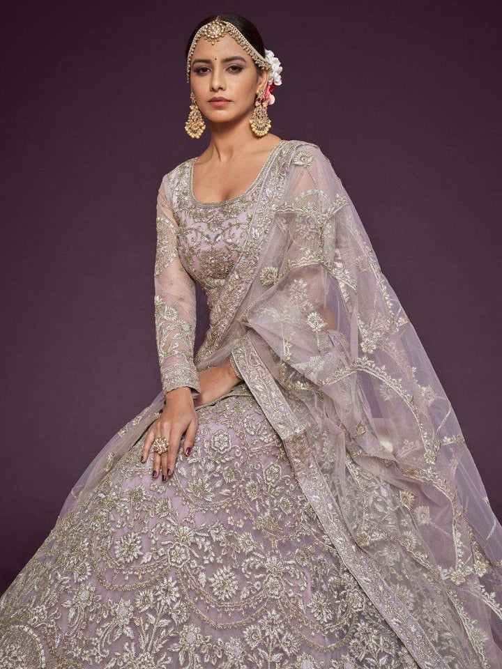 Precious Lilac Embroidered Soft Net Lehenga Choli With Dupatta