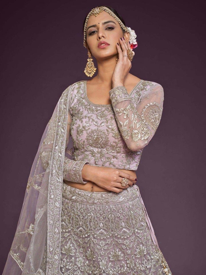 Precious Lilac Embroidered Soft Net Lehenga Choli With Dupatta
