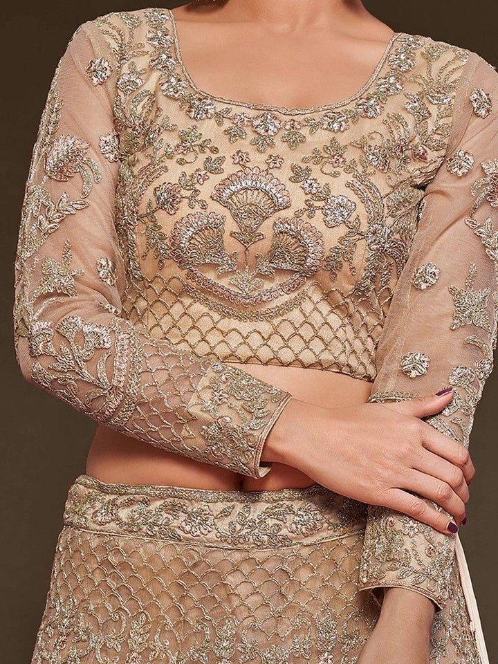 Cute Royal Beige Embroidered Soft Net Engagement Wear Lehenga Choli