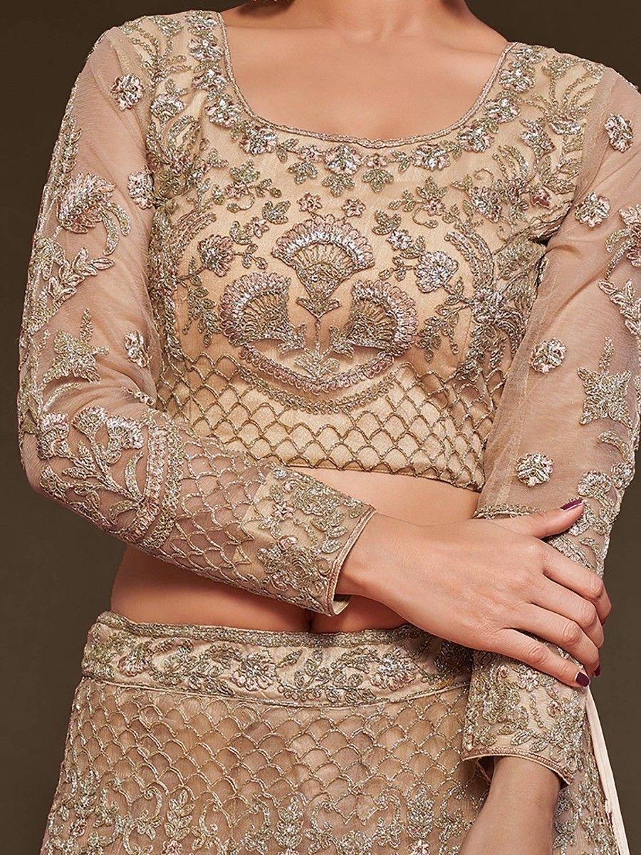 Royal Beige Embroidered Soft Net Engagement Wear Lehenga Choli