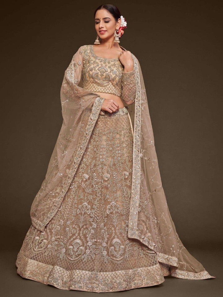 Royal Beige Embroidered Soft Net Engagement Wear Lehenga Choli