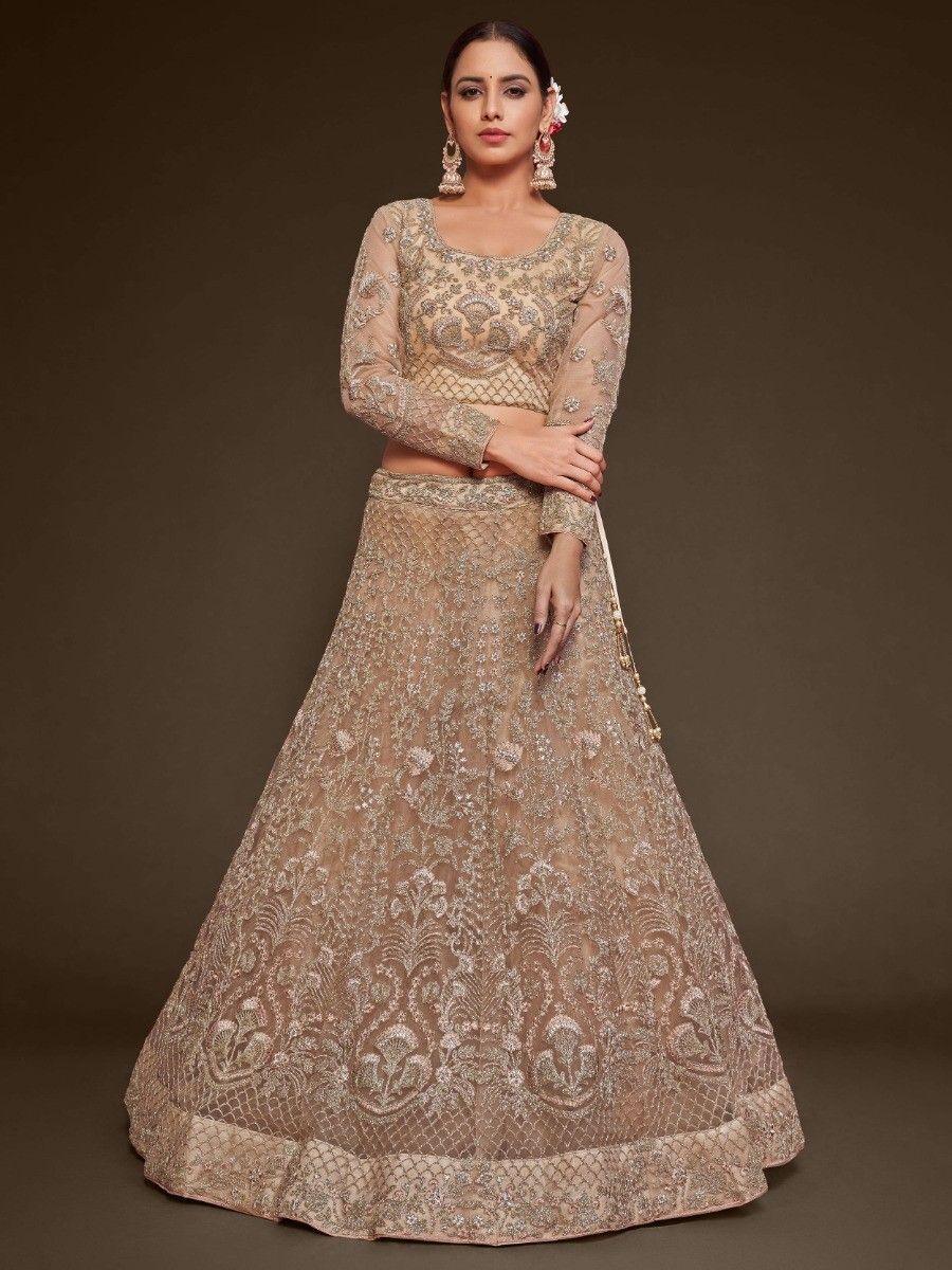 Royal Beige Embroidered Soft Net Engagement Wear Lehenga Choli