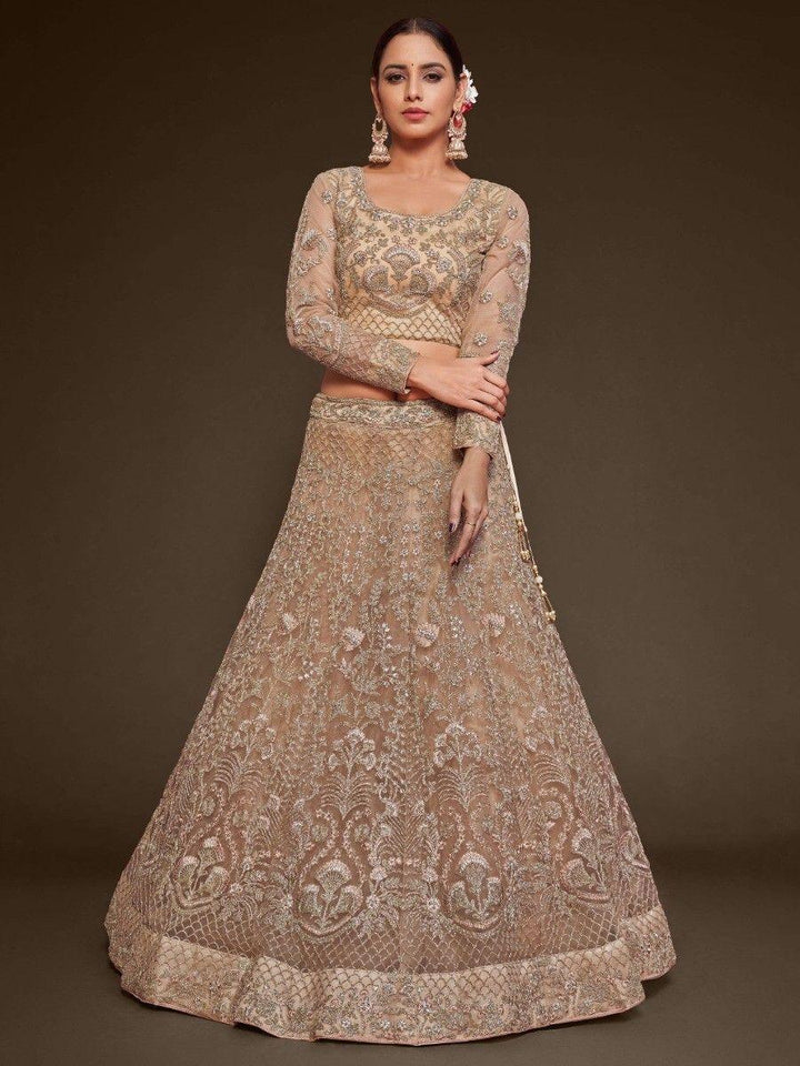 Royal Beige Embroidered Soft Net Engagement Wear Lehenga Choli