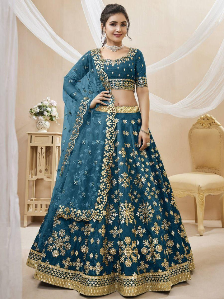 Blue Mirror Work Art Silk Wedding Wear Lehenga Choli