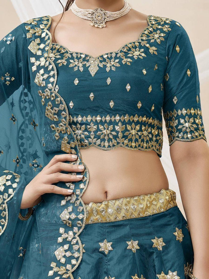 Blue Mirror Work Art Silk Wedding Wear Lehenga Choli