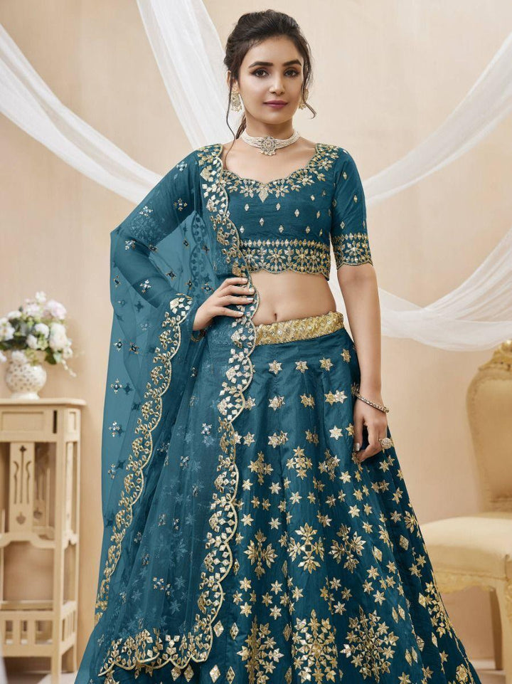 Blue Mirror Work Art Silk Wedding Wear Lehenga Choli