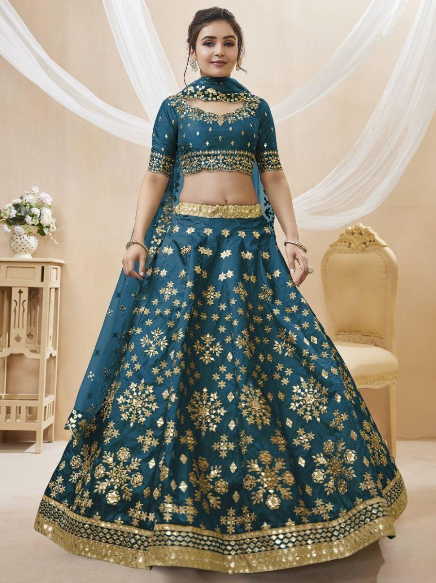 Blue Mirror Work Art Silk Wedding Wear Lehenga Choli