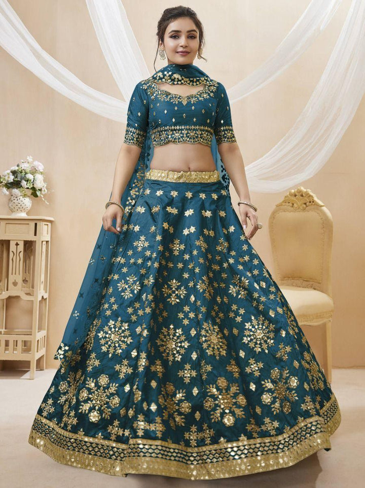 Blue Mirror Work Art Silk Wedding Wear Lehenga Choli