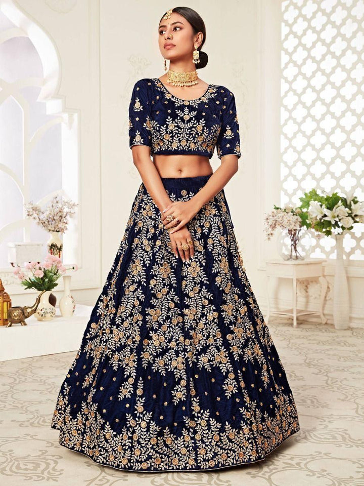 Navy Blue Embroidered Velvet Bridal Wear Lehenga Choli