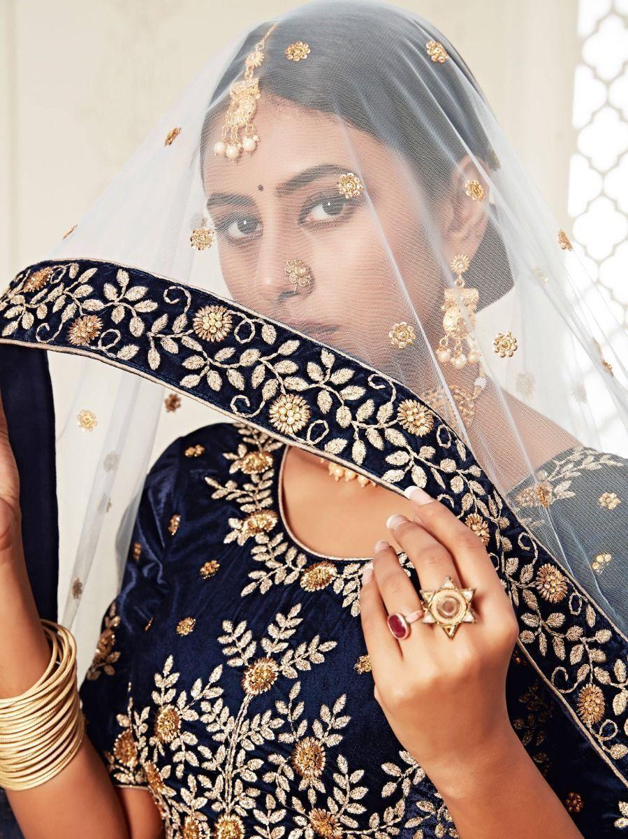 Navy Blue Embroidered Velvet Bridal Wear Lehenga Choli