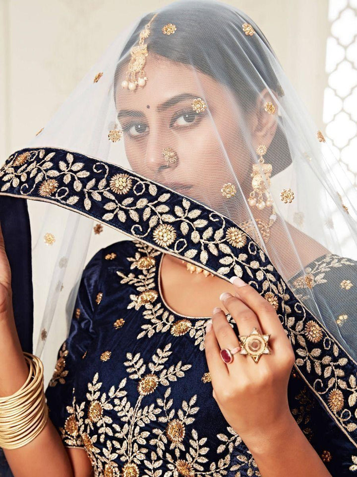 Navy Blue Embroidered Velvet Bridal Wear Lehenga Choli