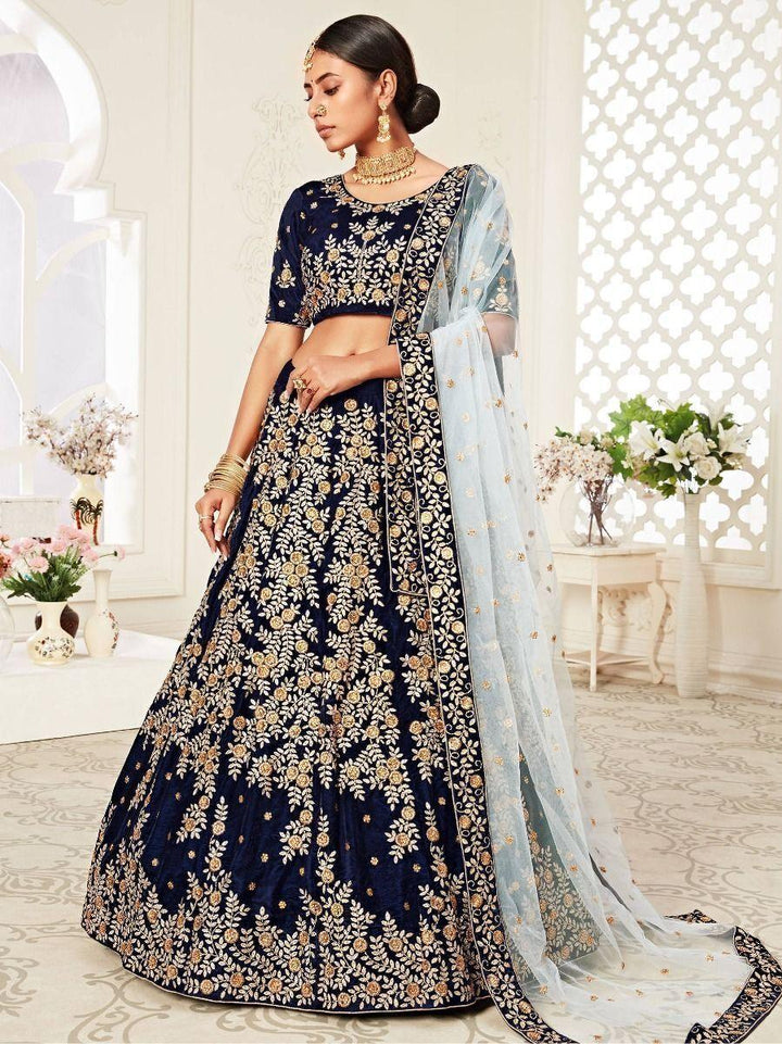 Navy Blue Embroidered Velvet Bridal Wear Lehenga Choli