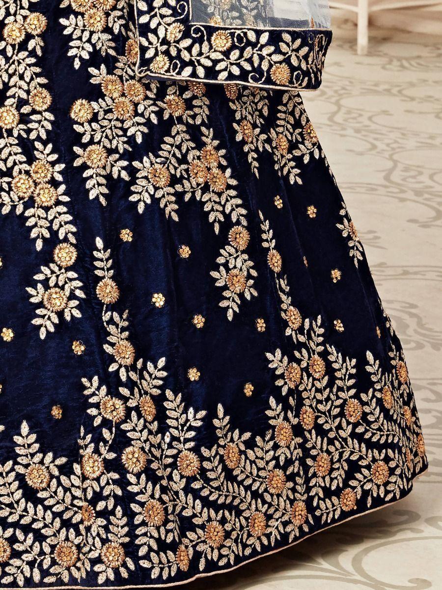 Navy Blue Embroidered Velvet Bridal Wear Lehenga Choli