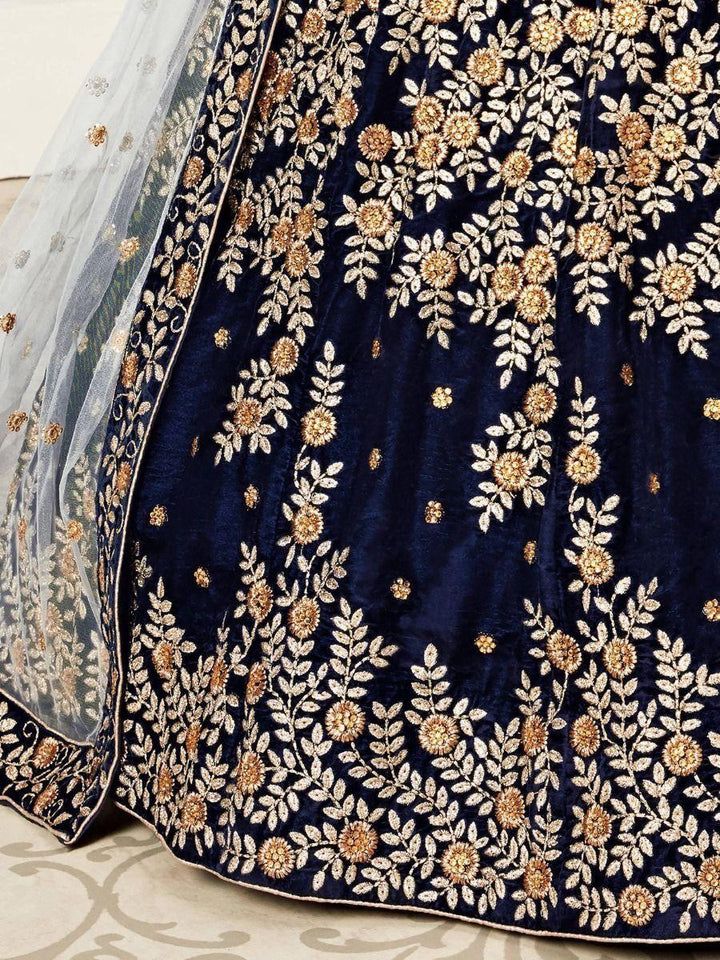 Navy Blue Embroidered Velvet Bridal Wear Lehenga Choli