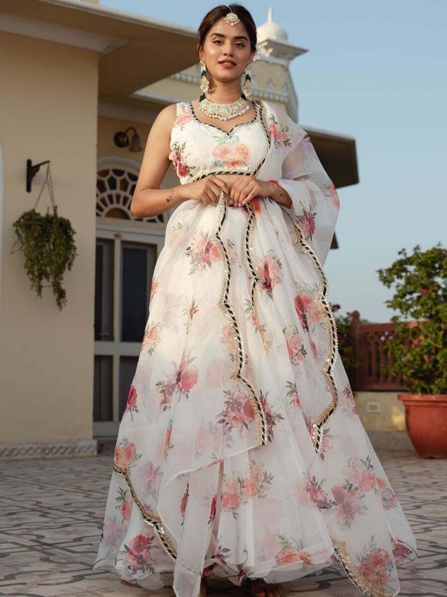Designer White Printed Organza Lehenga Choli For Women