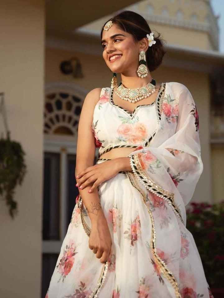 Elegant Designer White Printed Organza Lehenga Choli For Women