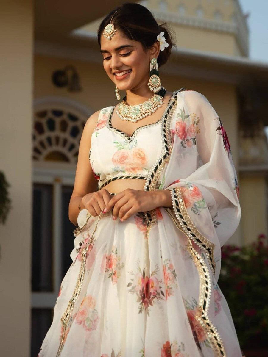 Designer White Printed Organza Lehenga Choli For Women