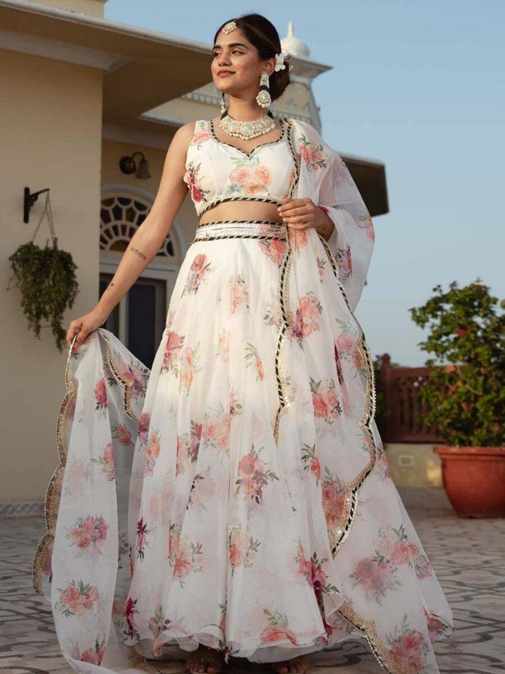 Designer White Printed Organza Lehenga Choli For Women
