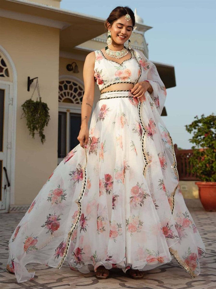 Designer White Printed Organza Lehenga Choli For Women
