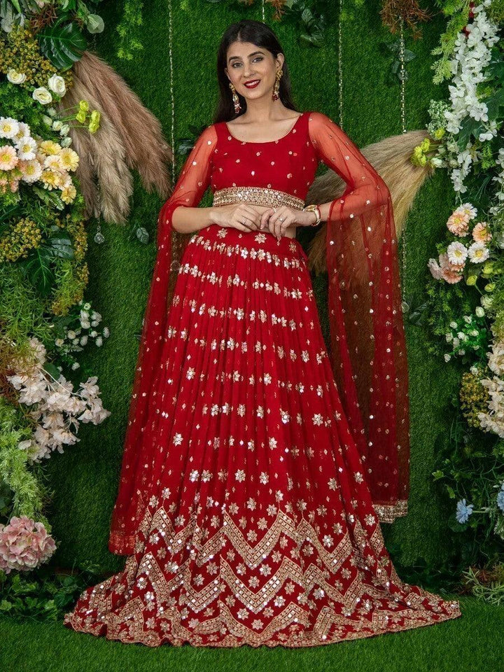 Red Sequins Georgette Engagement Wear Lehenga Choli