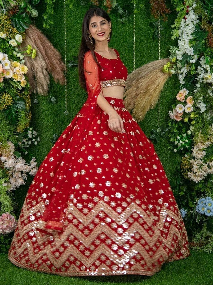 Red Sequins Georgette Engagement Wear Lehenga Choli