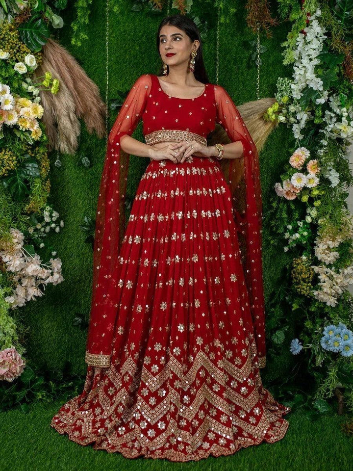 Red Sequins Georgette Engagement Wear Lehenga Choli