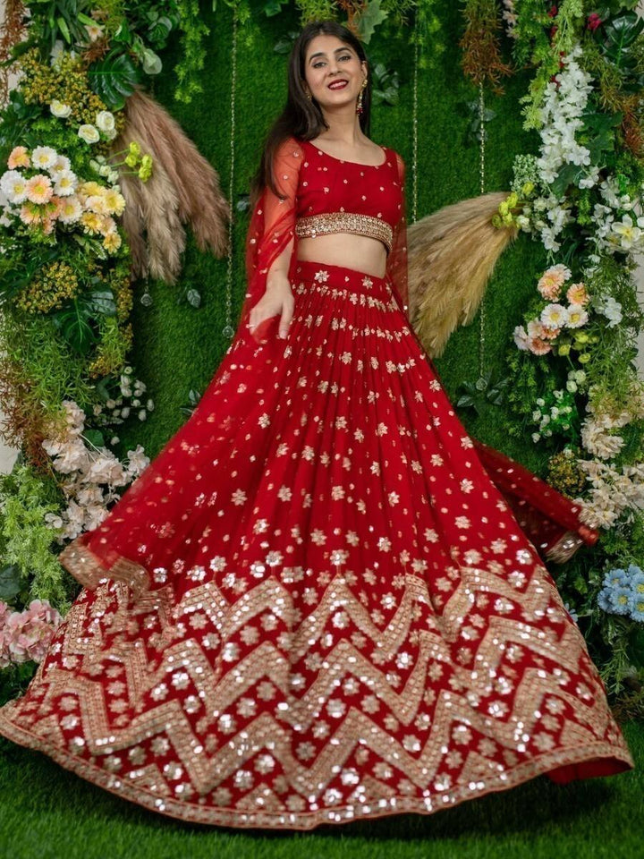 Red Sequins Georgette Engagement Wear Lehenga Choli
