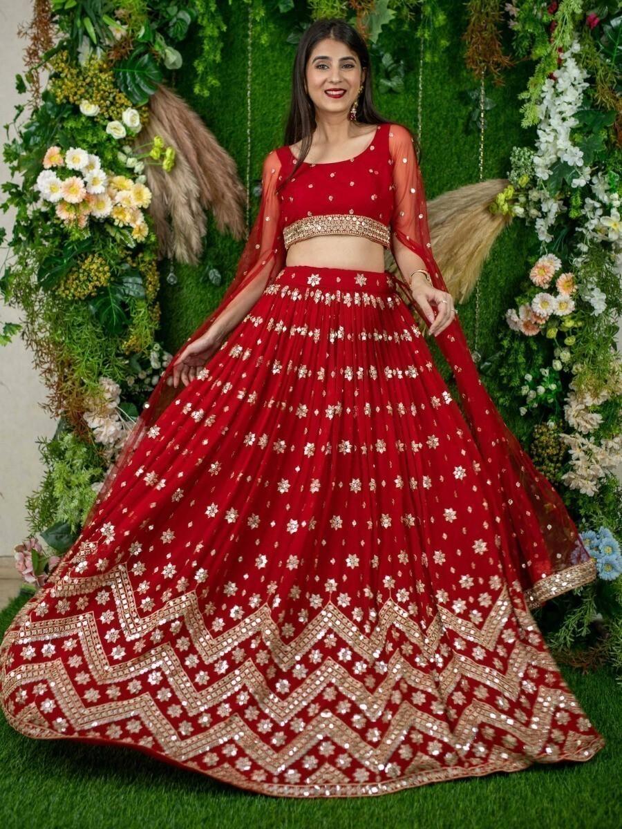 Red Sequins Georgette Engagement Wear Lehenga Choli