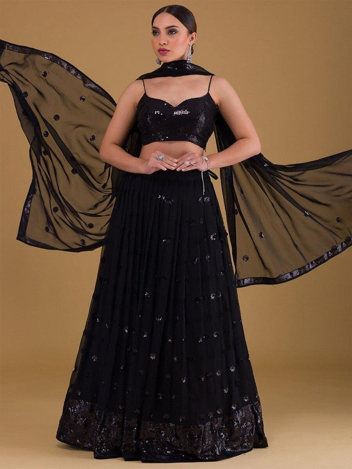 Black Embroidered Georgette Reception Wear Lehenga Choli