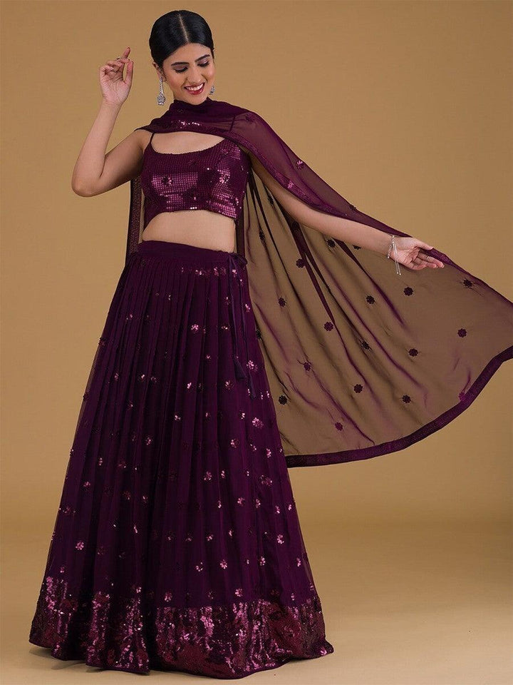 Purple Embroidered Georgette Party Wear Lehenga Choli
