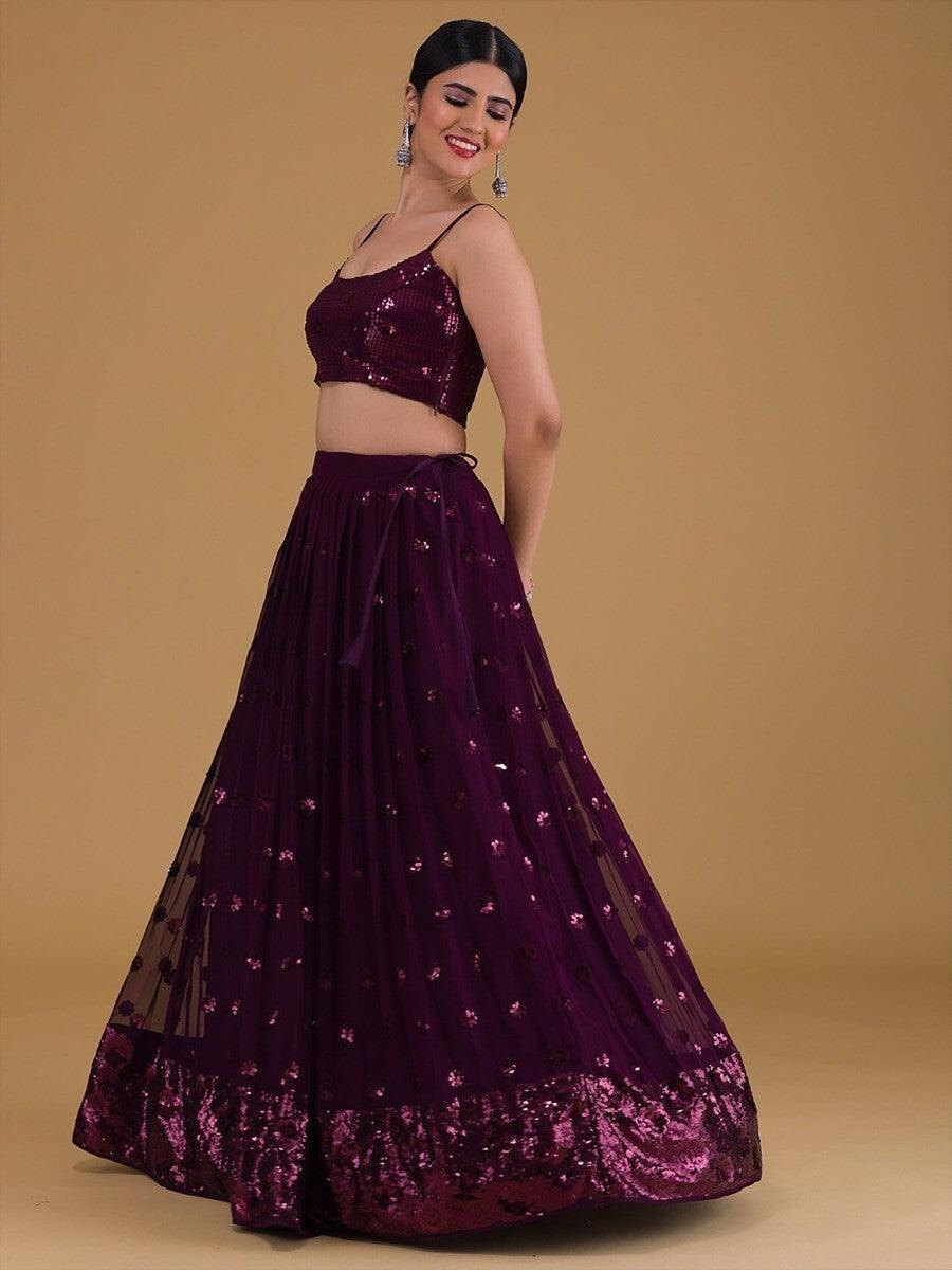 Purple Embroidered Georgette Party Wear Lehenga Choli