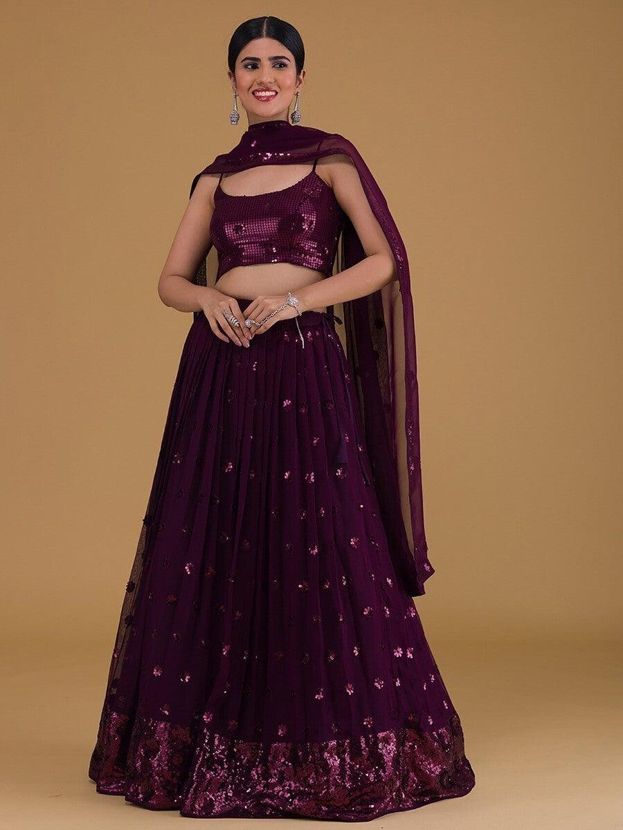 Purple Embroidered Georgette Party Wear Lehenga Choli