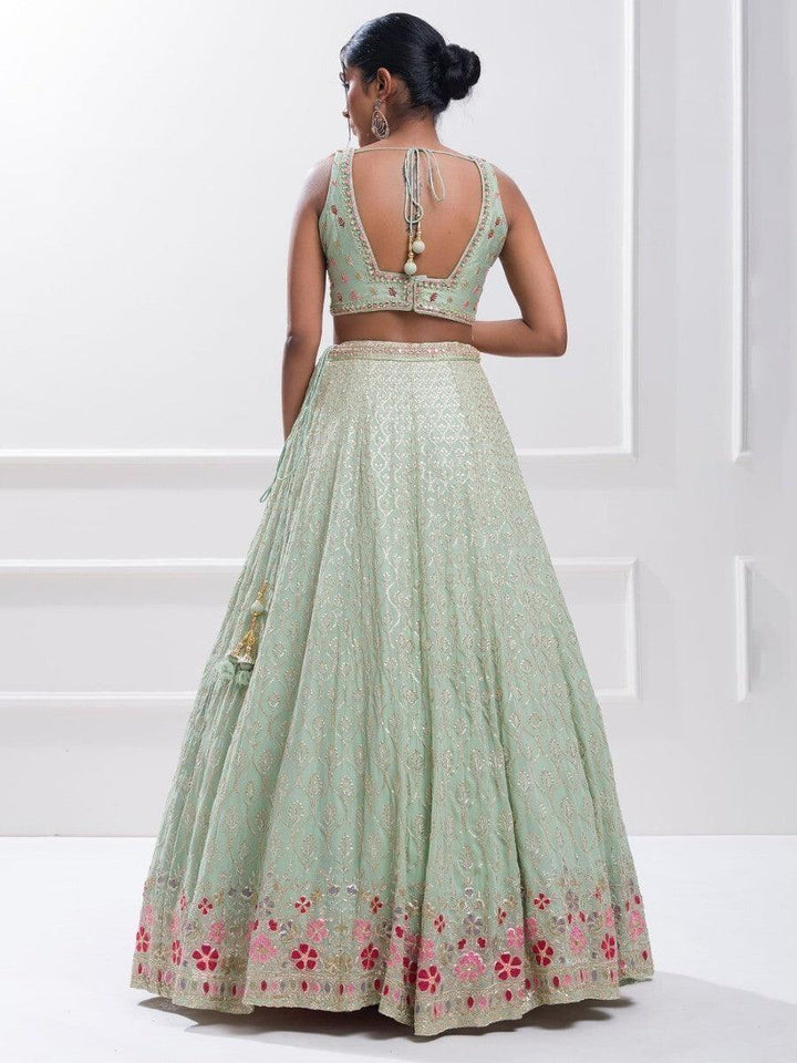 Elegant Pista Green Sequin Georgette Reception Wear Lehenga Choli