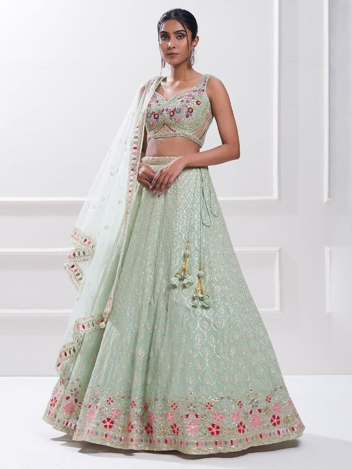 Elegant Pista Green Sequin Georgette Reception Wear Lehenga Choli