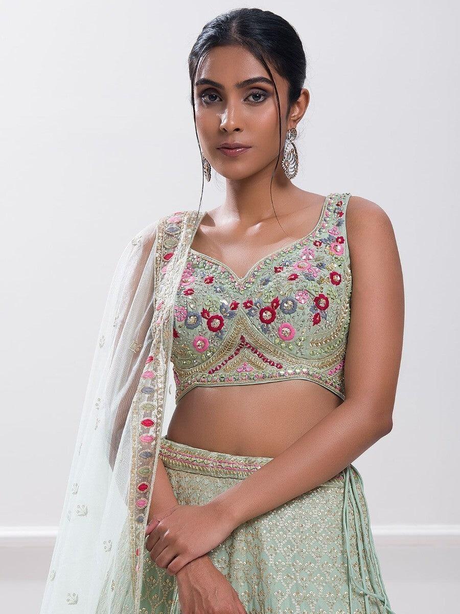 Elegant Pista Green Sequin Georgette Reception Wear Lehenga Choli