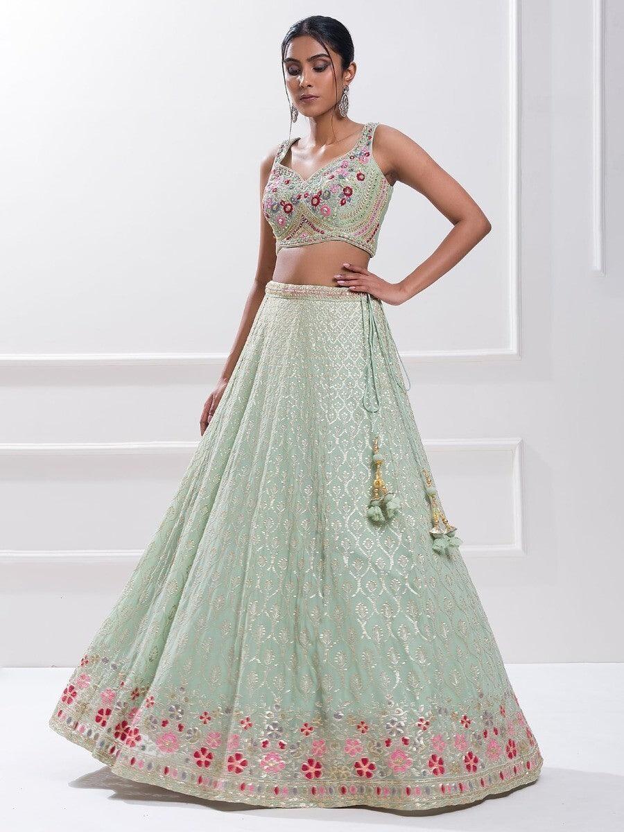 Elegant Pista Green Sequin Georgette Reception Wear Lehenga Choli