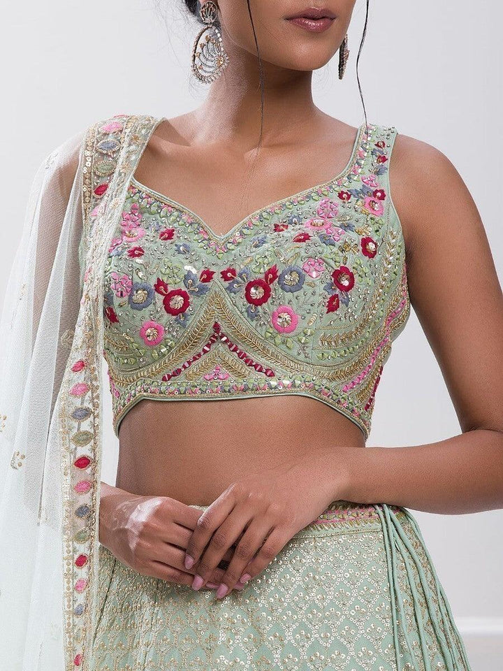 Elegant Pista Green Sequin Georgette Reception Wear Lehenga Choli