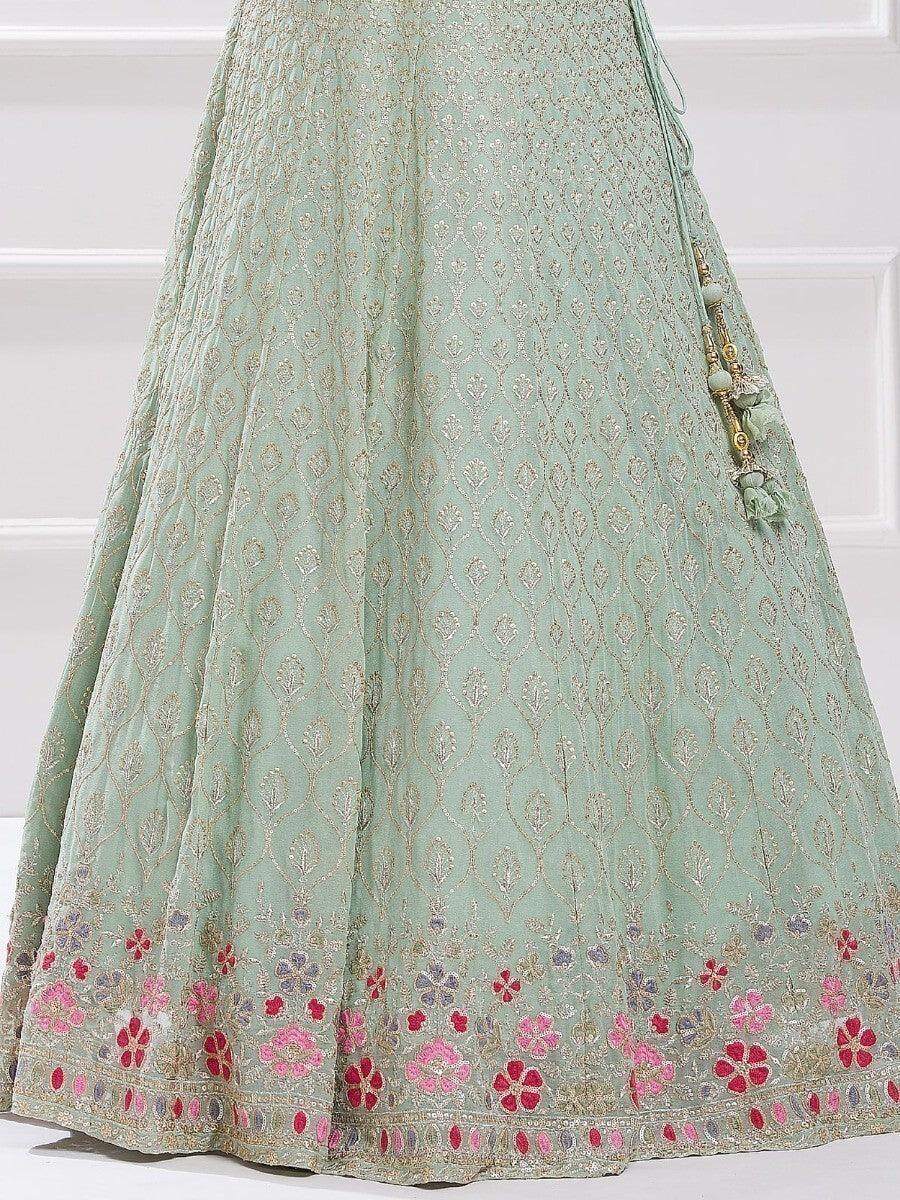 Elegant Pista Green Sequin Georgette Reception Wear Lehenga Choli