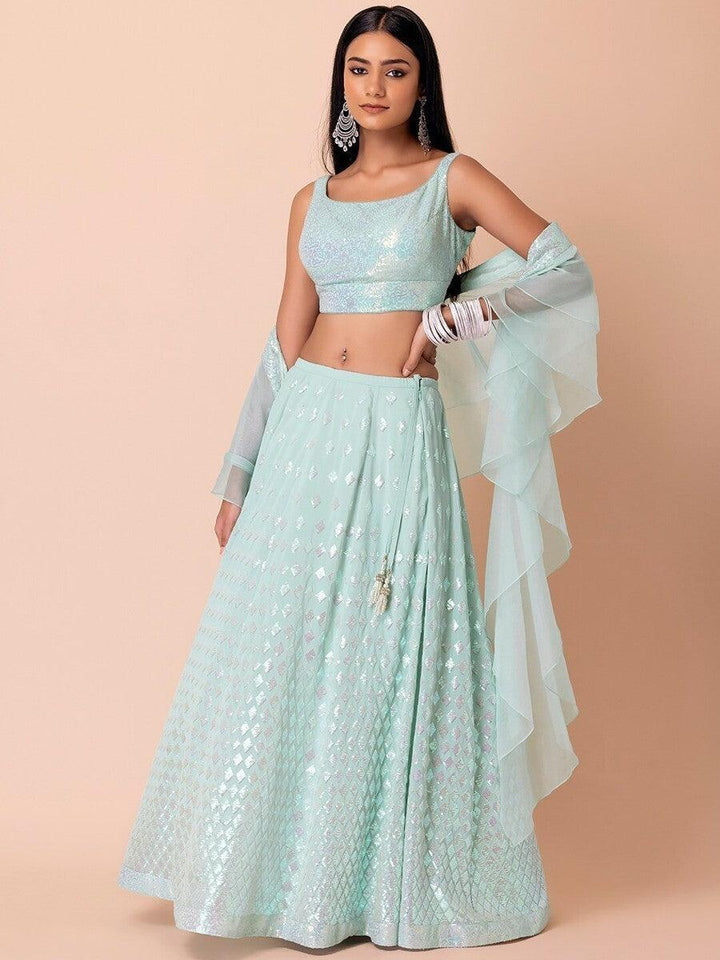 Sky-Blue Sequins Georgette Wedding Wear Lehenga Choli