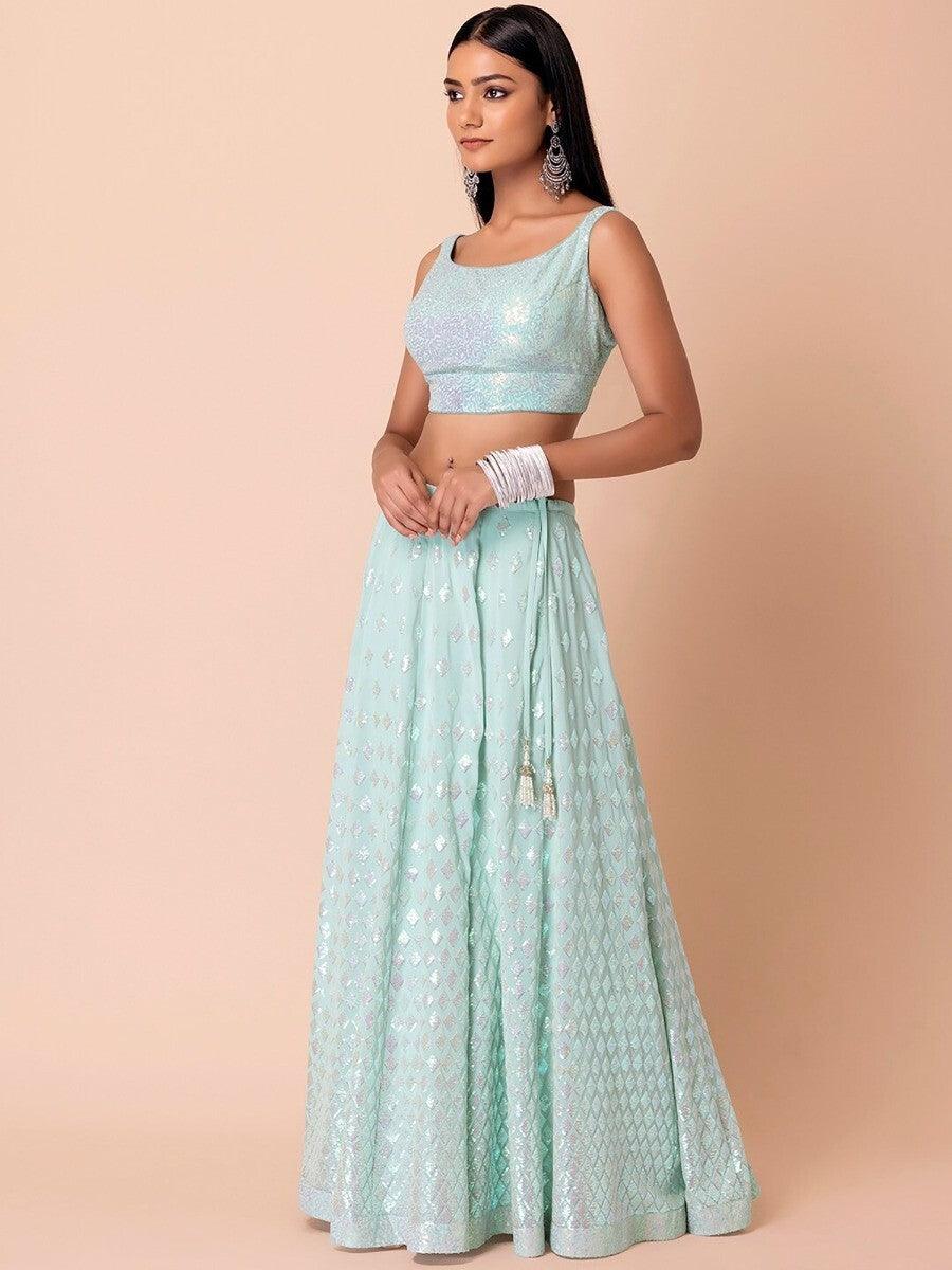 Sky-Blue Sequins Georgette Wedding Wear Lehenga Choli