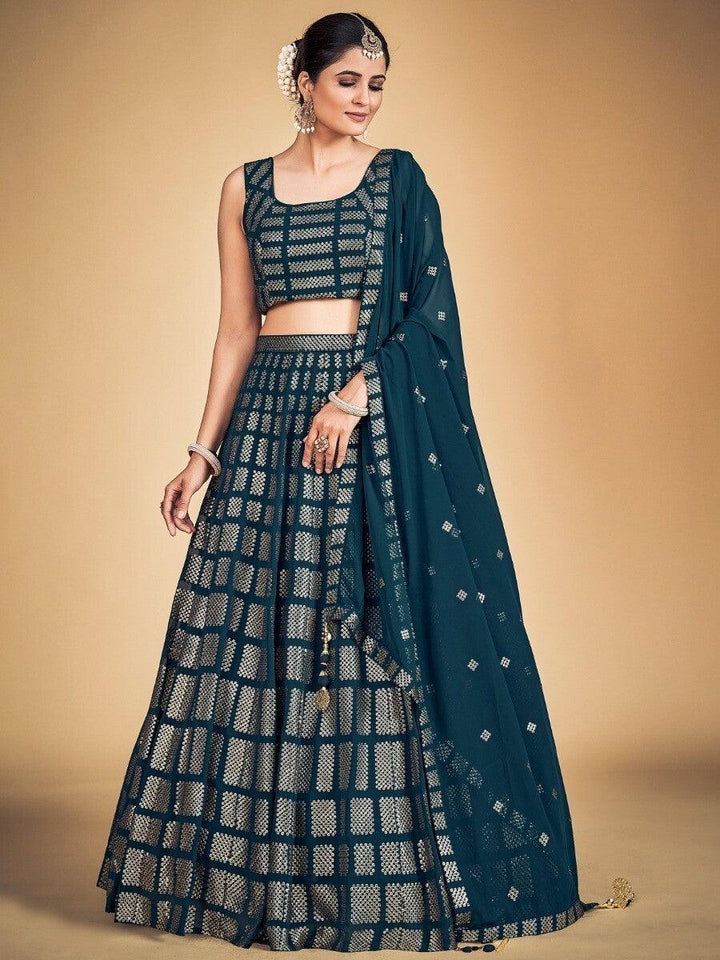 Teal Blue Sequins Georgette Engagement Lehenga Choli