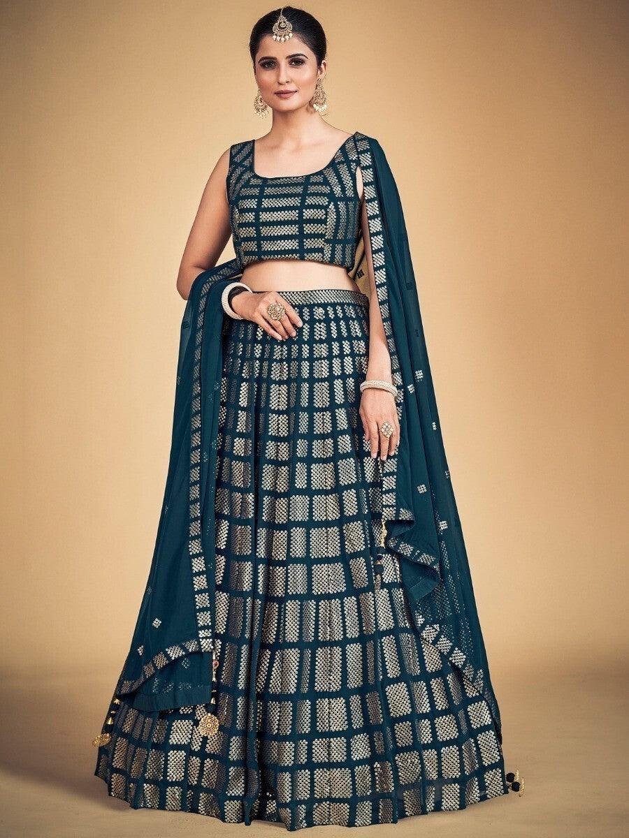 Teal Blue Sequins Georgette Engagement Lehenga Choli