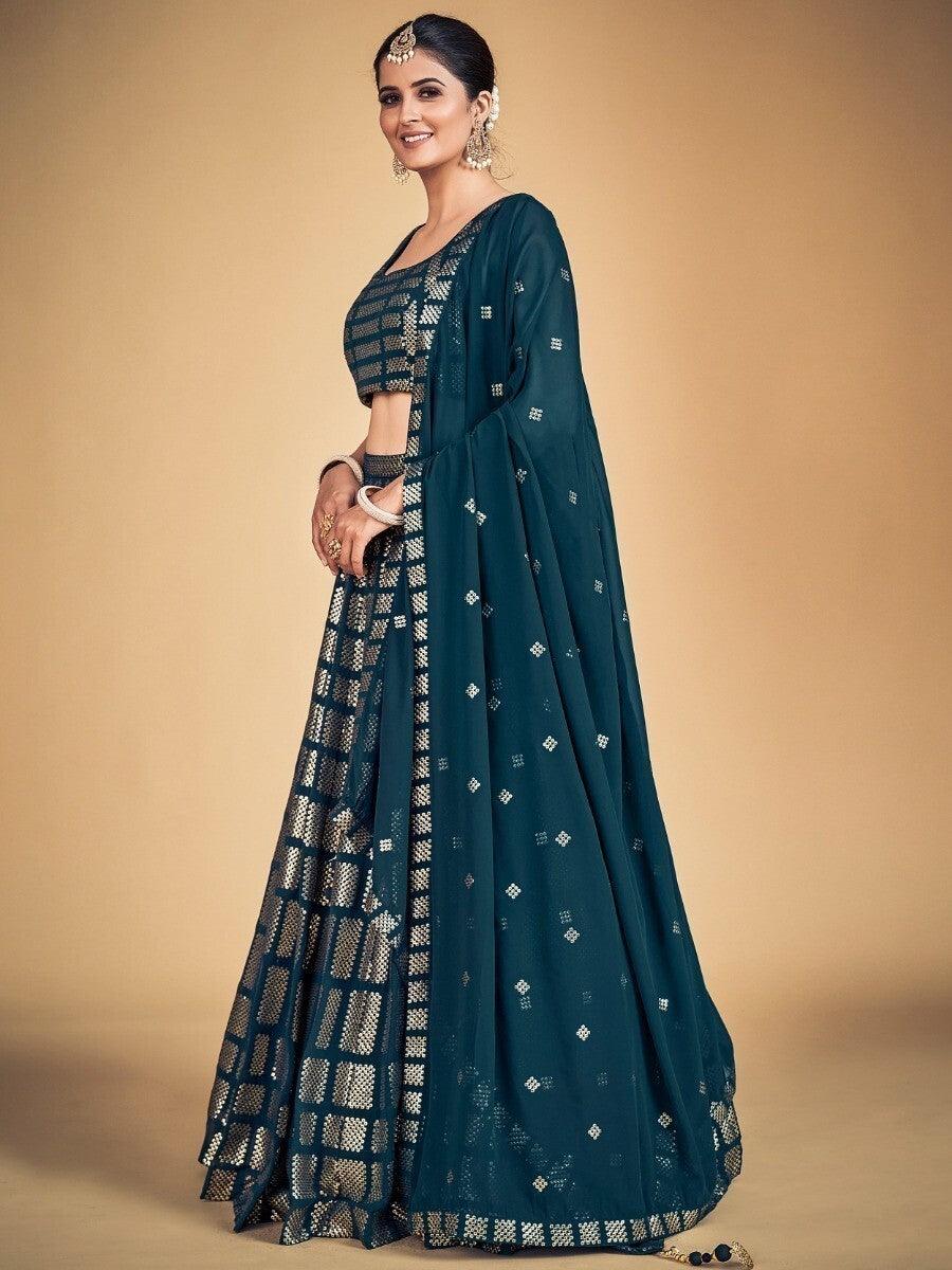 Teal Blue Sequins Georgette Engagement Lehenga Choli